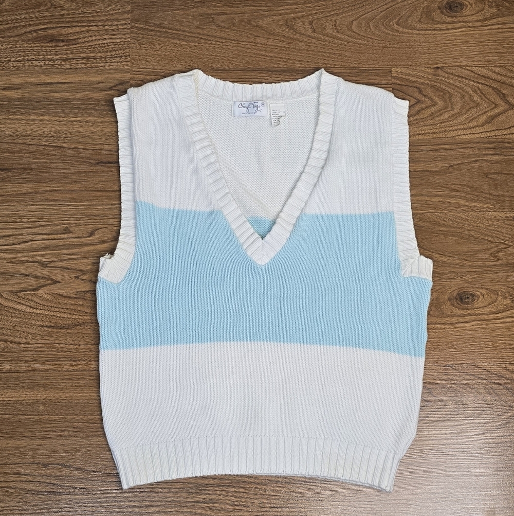 Vintage Cheryl Tiegs Sweater V-Neck Vest White/Blue Stripe 100% Cotton Made USA